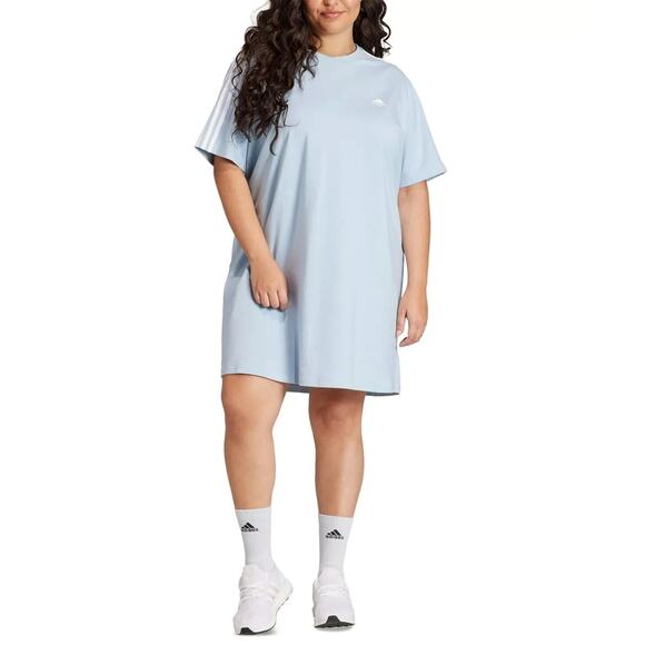 adidas Women's Plus Size Essentials 3-Stripes Boyfriend T-Shirt Dress Blue/White - Picture 1 of 7
